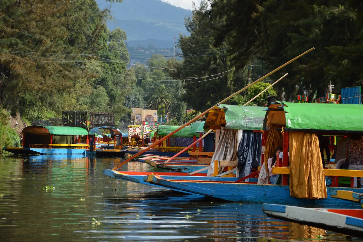 Painted trajineras with green canopies and blue hulls moored along a Xochimilco canal, with trees and a hazy mountain behind