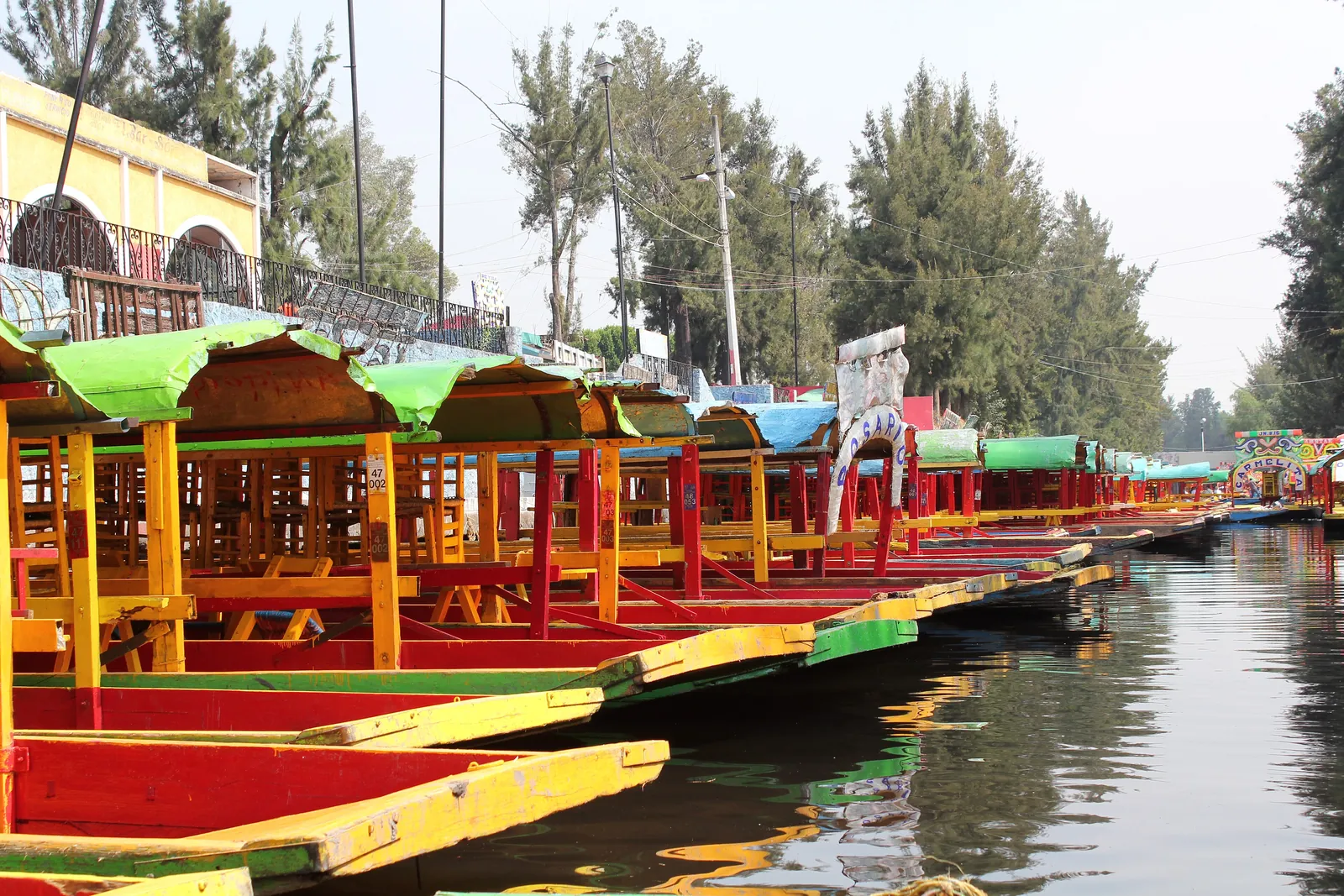 Red and yellow trajineras with green canopies tied up in a row at a Xochimilco landing, with trees behind
